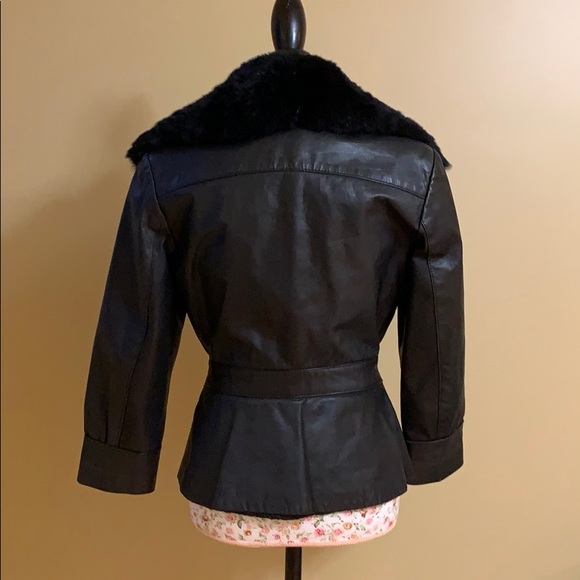 Leather jacket w/rabbit fur collar - Picture 3 of 5